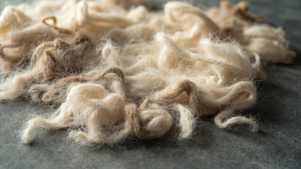 Fibres brutes de cachemire peignées aux teintes naturelles de chèvre.