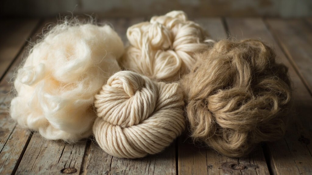 Fibres brutes de cachemire, soie et laine, mèche cardée sur chêne.