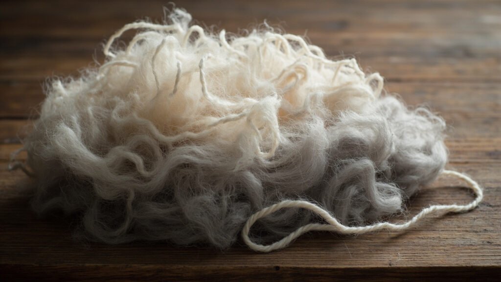 Fibres brutes de pashmina écrues et fil torsadé sur noyer.