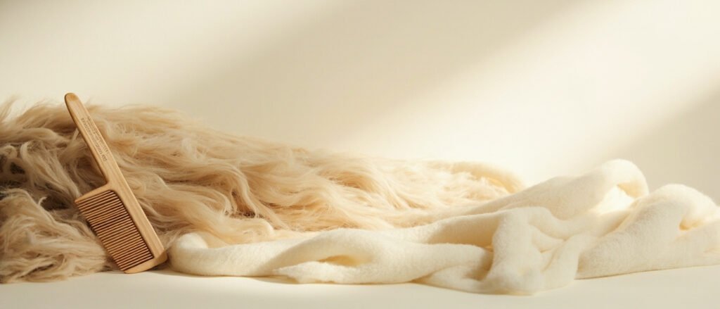 Fibres brutes et tissu cachemire crème, lumière douce sur texture duveteuse.