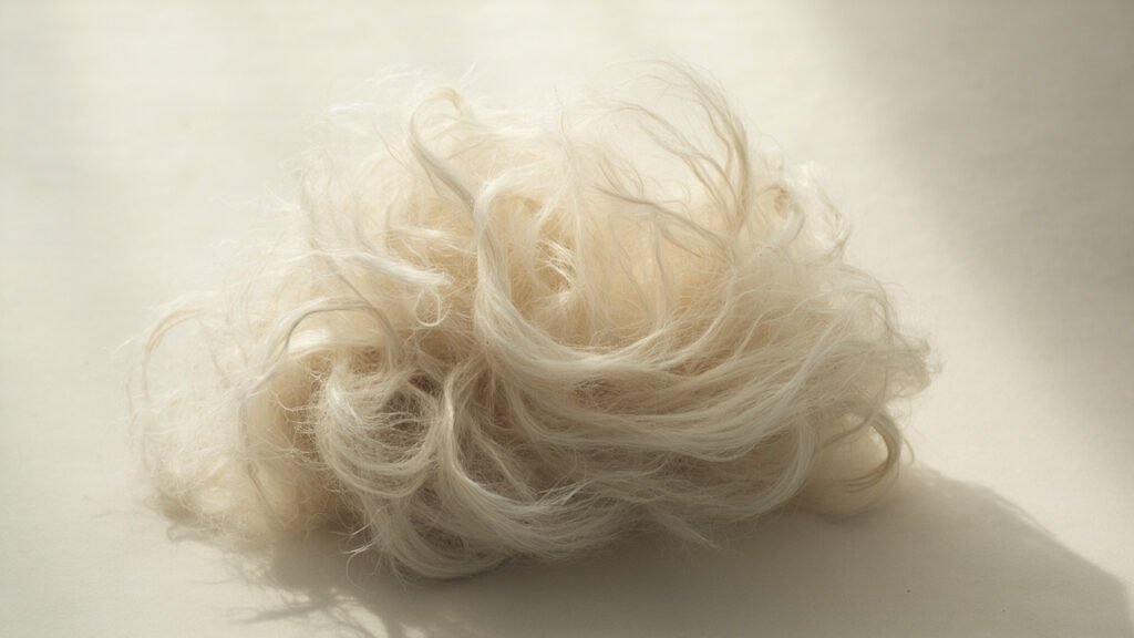 Fibres de cachemire brutes, aériennes, duveteuses, en tas doux.