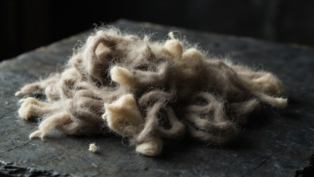 Fibres de cachemire brutes, courtes et ternes, étalées sur ardoise sombre.