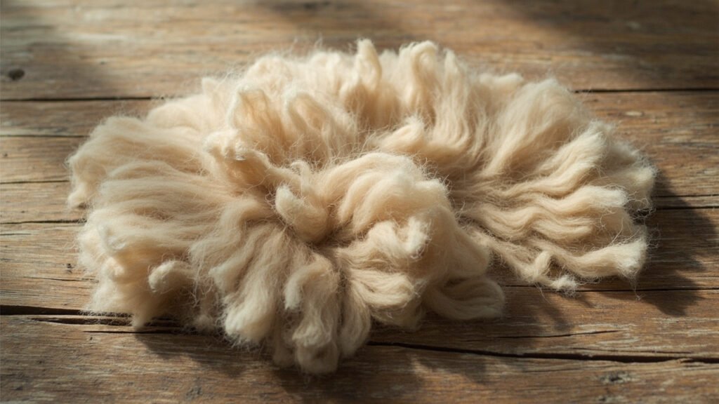 Fibres de cachemire brutes étalées, mélange de poils grossiers et de duvet.