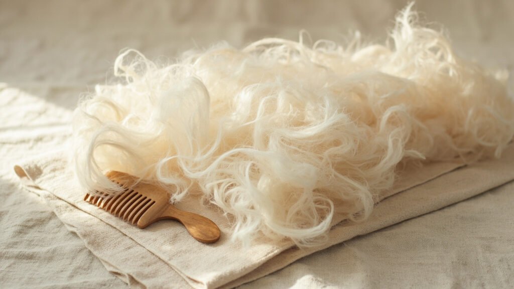 Fibres de cachemire brutes étalées sur toile de lin