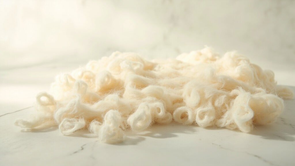 Fibres de cachemire lavé crème étalées sur marbre pâle.