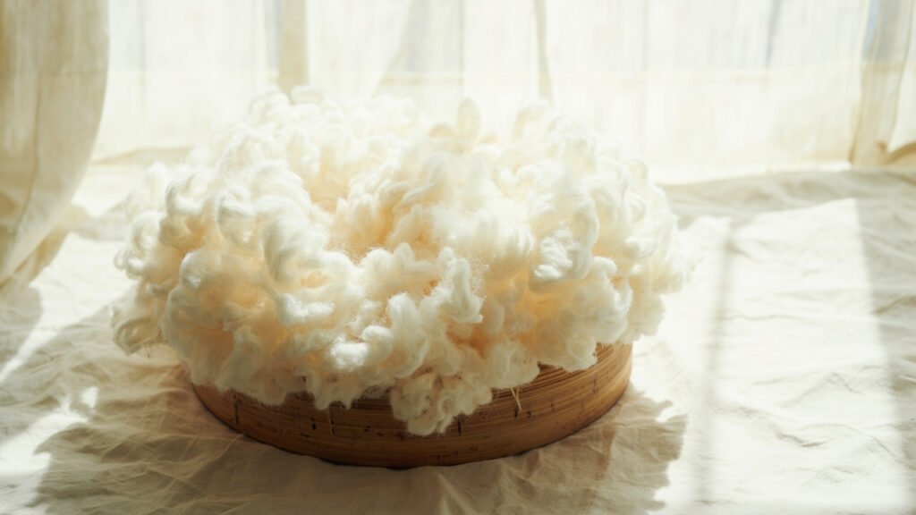 Fibres de cachemire lavées séchées sur tamis de bois
