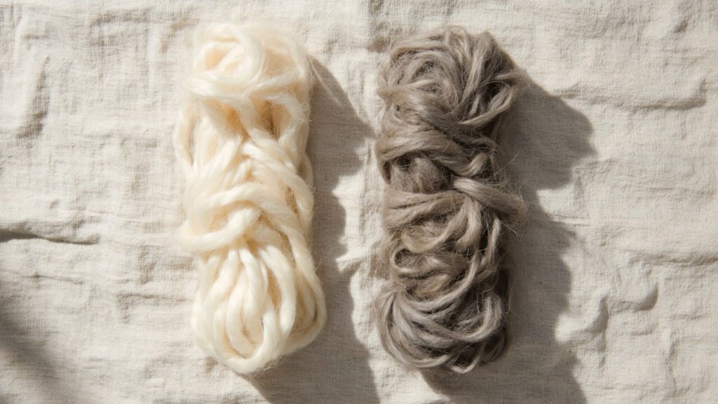 Fibres de cachemire vierge longues à gauche, recyclées courtes à droite