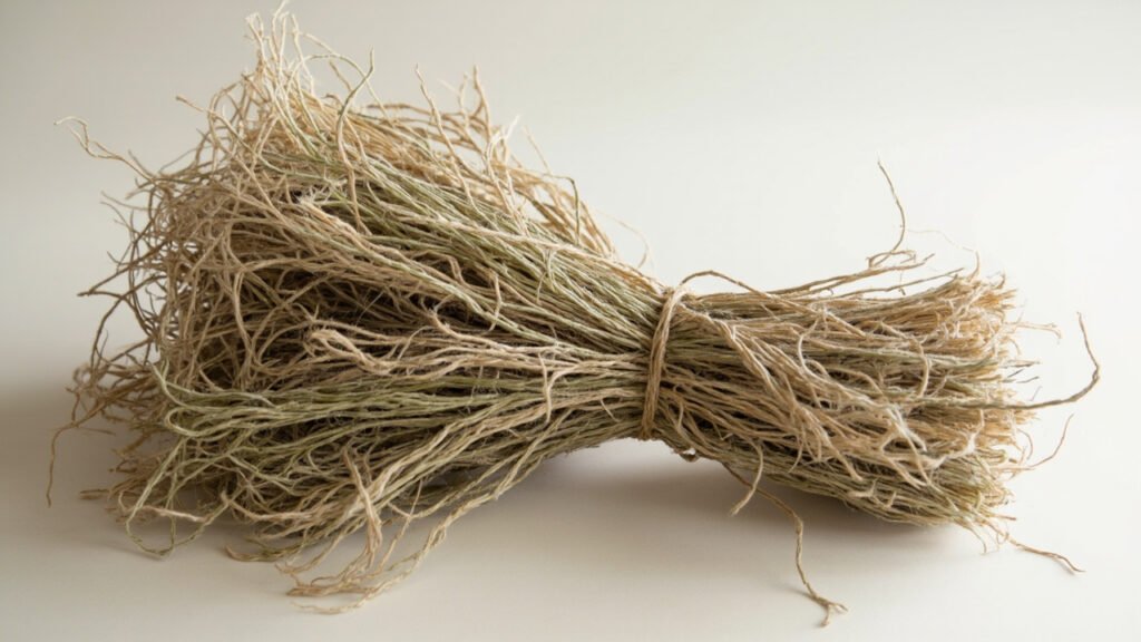 Fibres de chanvre brutes, texture rustique et irrégulière.
