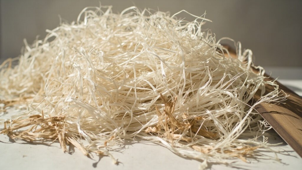 Fibres de lin blondes brillantes près de fragments d'anas ligneuses.