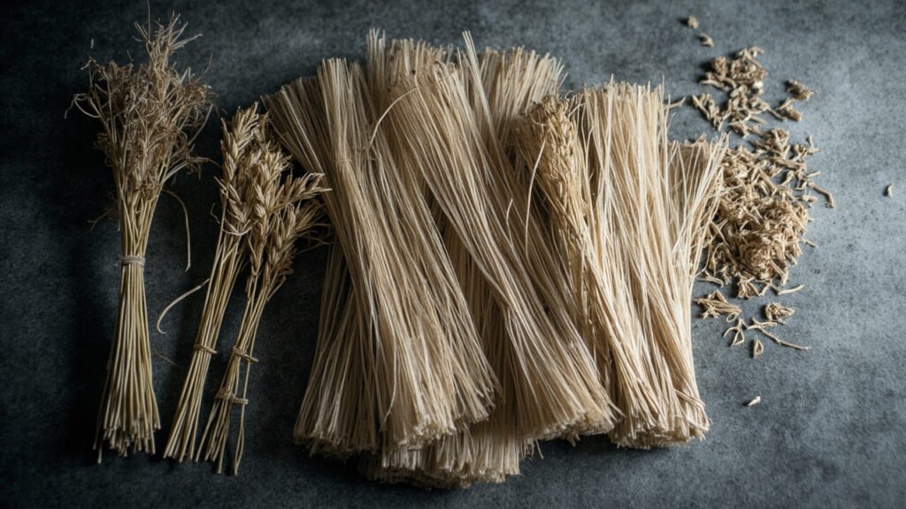 Fibres de lin brutes et teillées, gerbes parallèles argentées sur ardoise.
