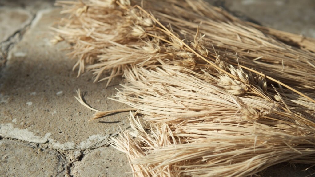 Fibres de lin brutes étalées, beige naturel, à côté de tiges séchées.