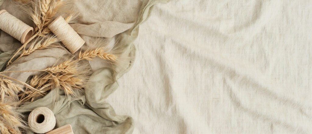 Fibres de lin brutes, fils écrus et lin tissé en panorama.