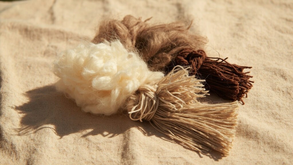 Fibres de pashmina, mérinos et synthétique comparées en gros plan.