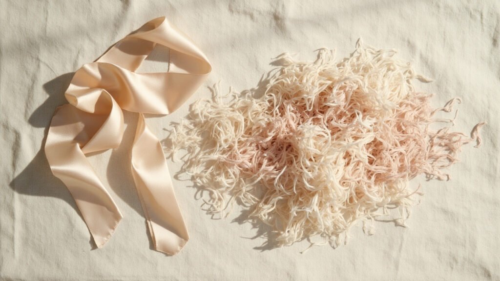 Fibres de satin recyclées, effilochées couleur champagne sur lin brut.