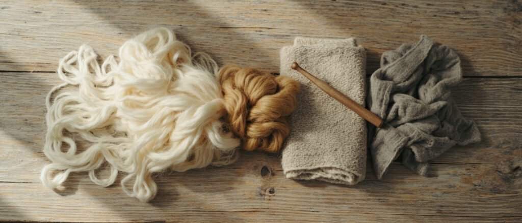 Fibres et écheveaux de cachemire naturel, fuseau en noyer sur bois patiné.