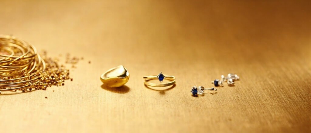 Fil d'or, lingot, bague sertie de saphir et diamants sur fond doré.