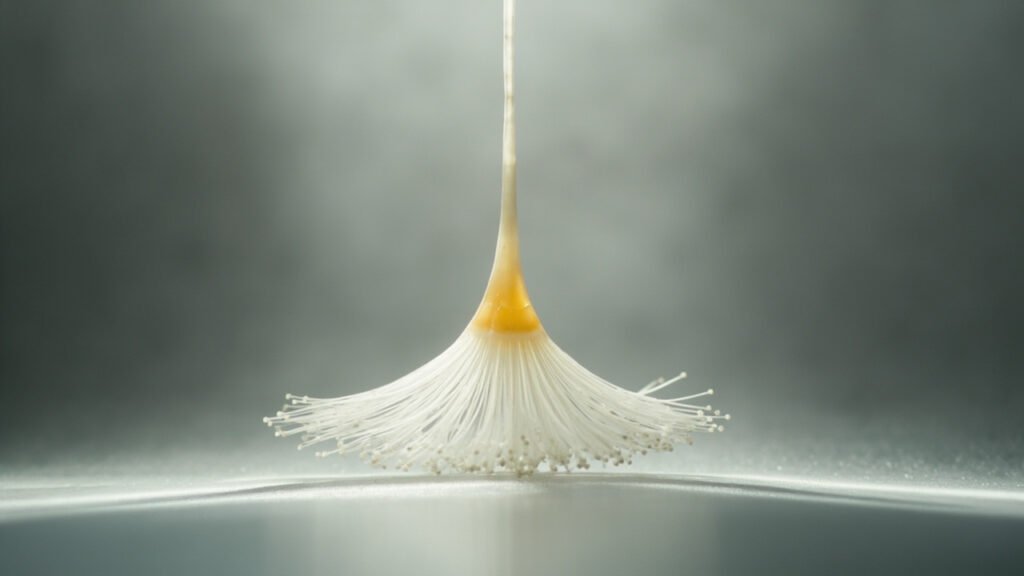 Filament de soie recombinant émergeant d'une goutte dorée sur acier.
