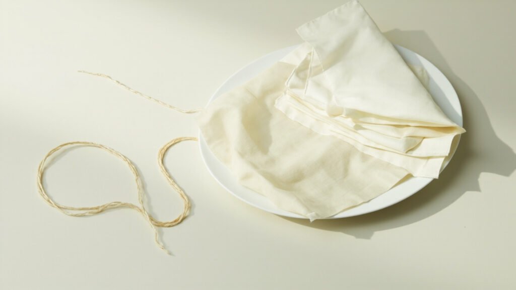 Fils de suture en soie crème et pansements fibroine sur porcelaine.