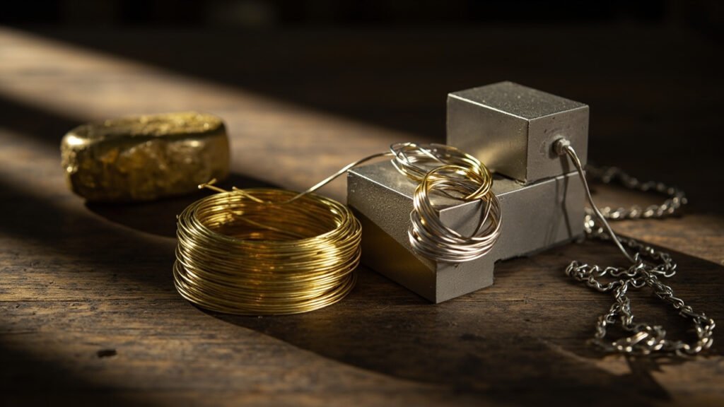 Fils et lingots d'or et d'argent sur établi.