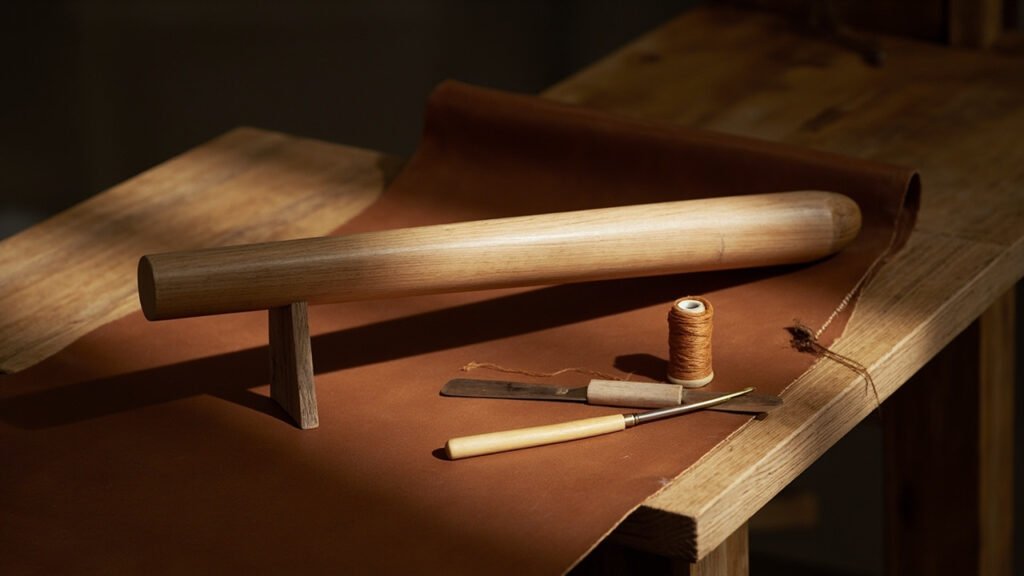 Forme en bois, cuir calfskin cognac et outils de bottier.