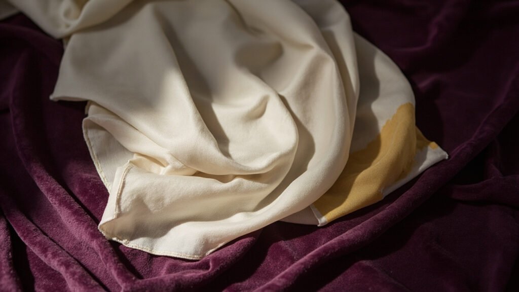 Foulard en soie ivoire montrant une tache jaunie de transpiration.