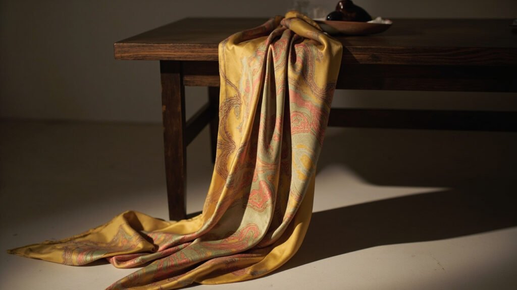 Foulard en soie safran noué, motif cachemire abstrait.
