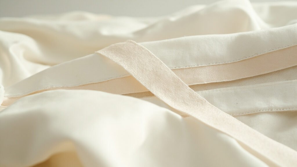 Fragments de satin révélés dans des usages couture invisibles.