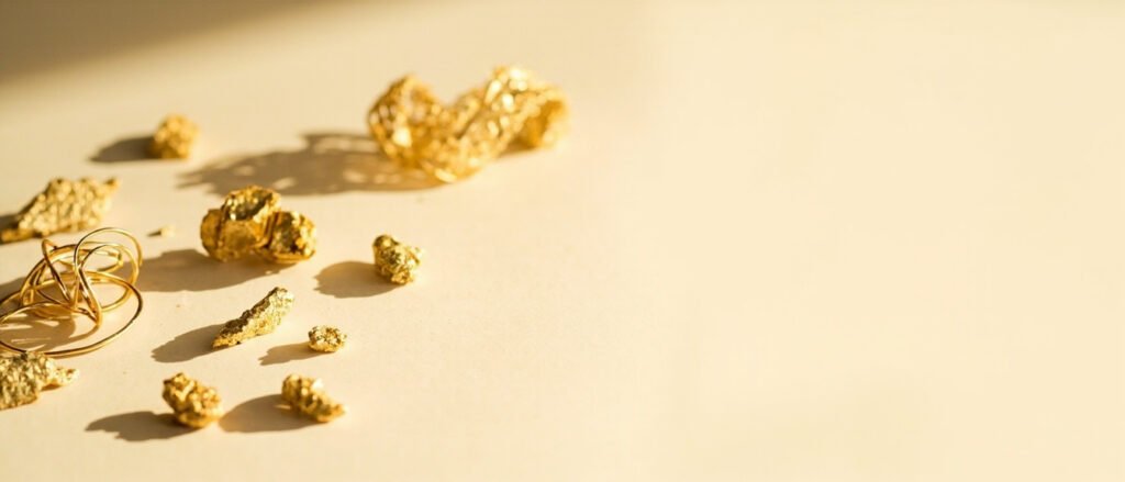 Fragments d'or recyclé bruts près de gouttes d'or affiné, fond crème.