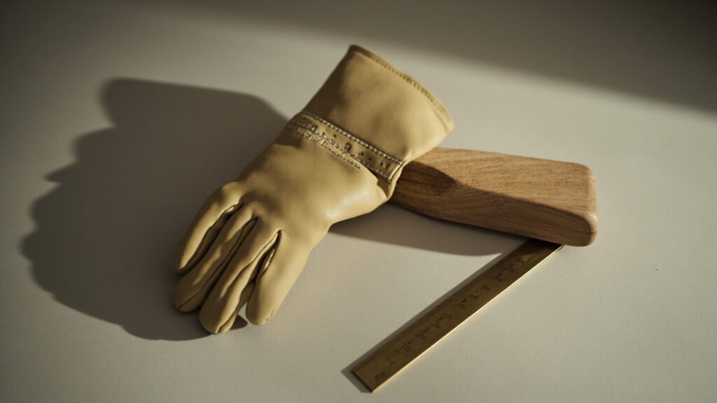 Gant ajusté sur forme en bois, coutures et instrument de mesure.
