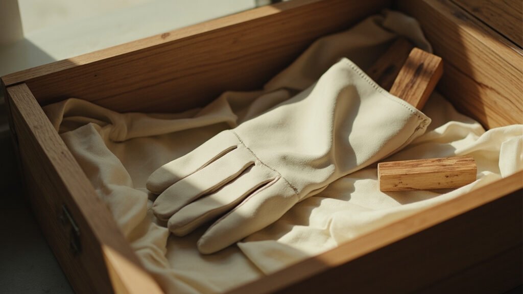 Gant de chamois dans coffret en cèdre tapissé de soie.