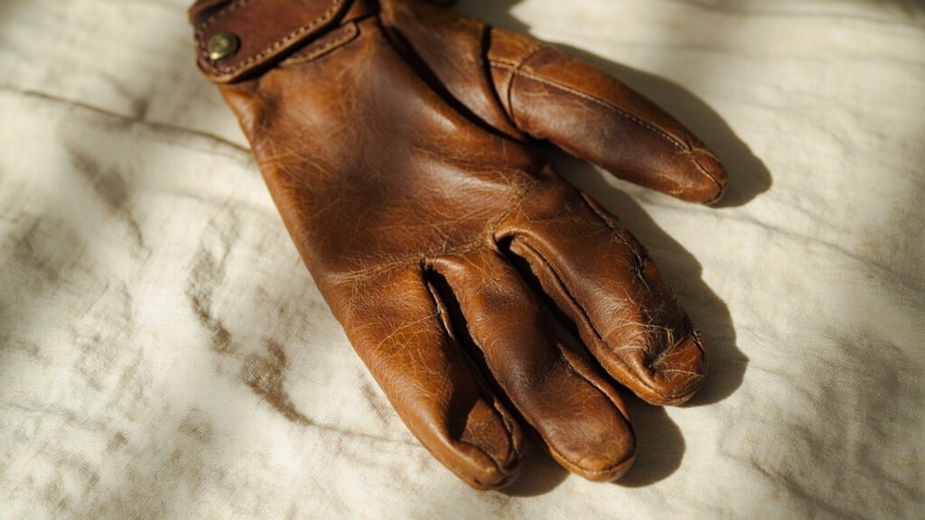 Gant en cuir patiné déployé sur lin, plis et grain révélés.