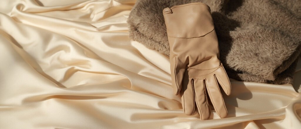Gants cuir nappa fin posés sur soie champagne, étole cachemire.