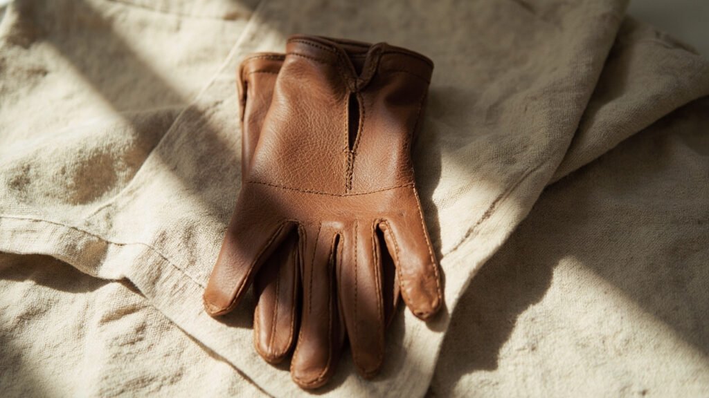 Gants de cuir fin superposés sur lin brut, lumière douce.