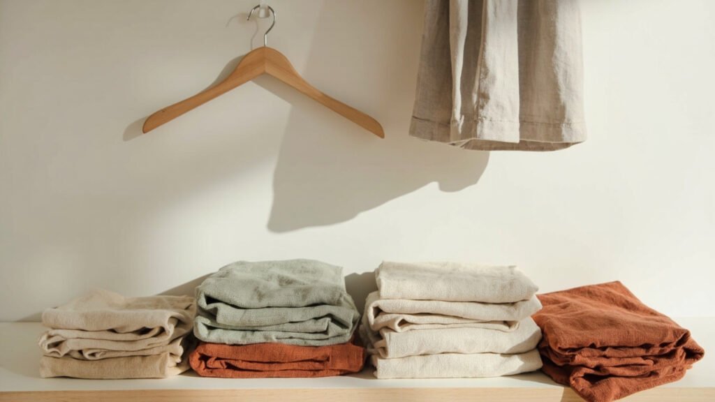 Garde-robe capsule en lin : ivoire, sable, gris, sauge, terracotta.