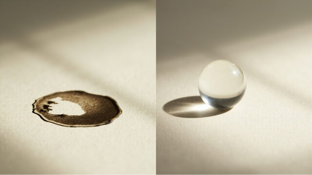 Goutte absorbée sur cuir véritable vs perle sur simili