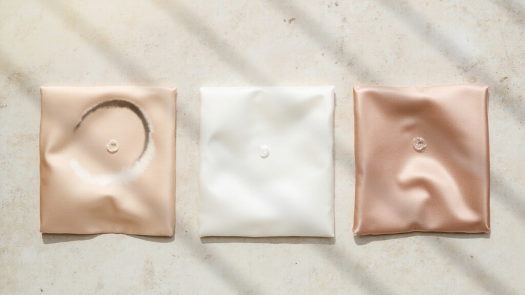 Goutte d'eau sur satin de soie, coton et polyester, absorption comparée