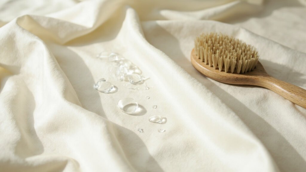 Gouttes d'eau perlant sur satin ivoire, brosse douce et lin écru.
