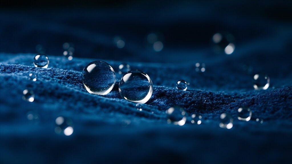 Gouttes d'eau perlant sur velours bleu nuit traité hydrofuge.
