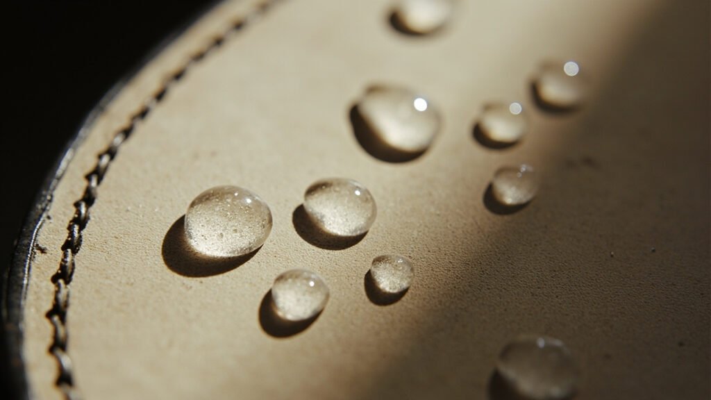 Gouttes d'eau sur semelle en cuir clair tachant la matière.