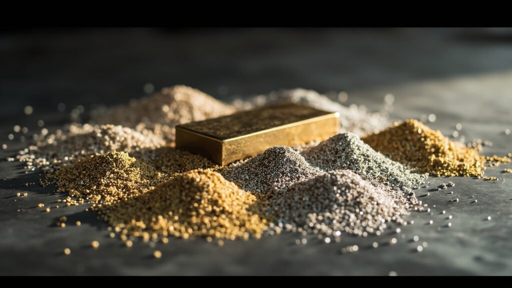 Granulés d'or, argent et platine recyclés près d'un lingot.