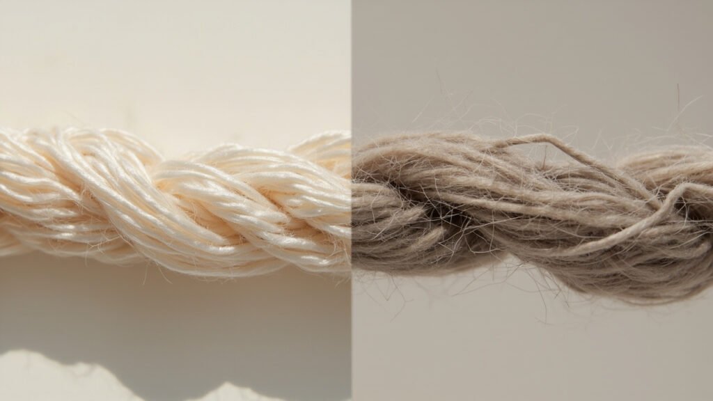 Gros plan comparant fil lisse de filament continu et fil duveteux de fibres filées