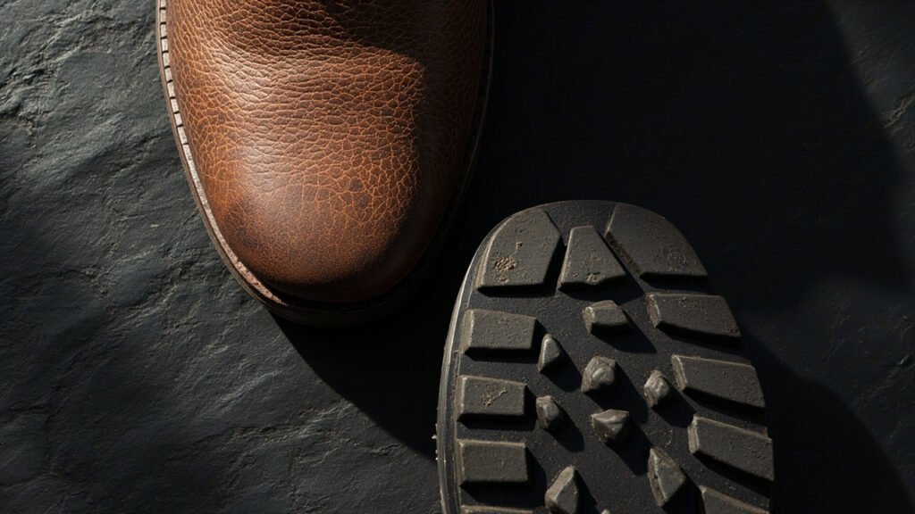 Gros plan comparatif du grain du cuir et des crampons du caoutchouc.