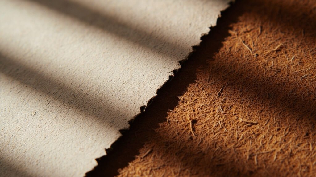 Gros plan de deux échantillons de cuir nubuck et daim côte à côte.