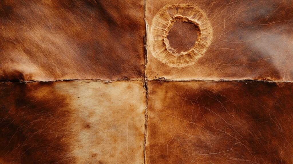 Gros plan d'un cuir ancien présentant fissures, décoloration et taches.