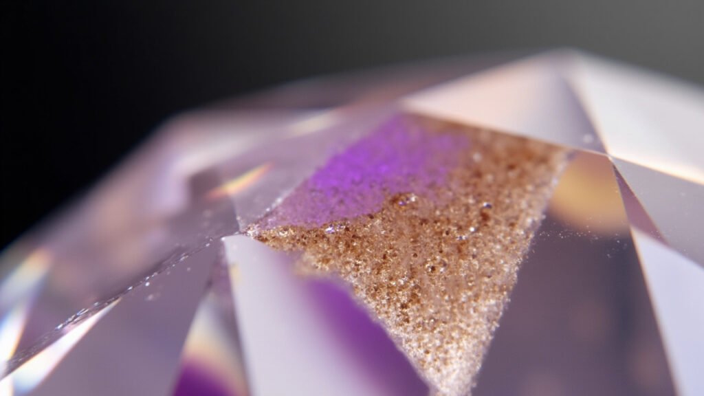 Gros plan d'un diamant avec fracture remplie montrant un flash iridescent diagnostique