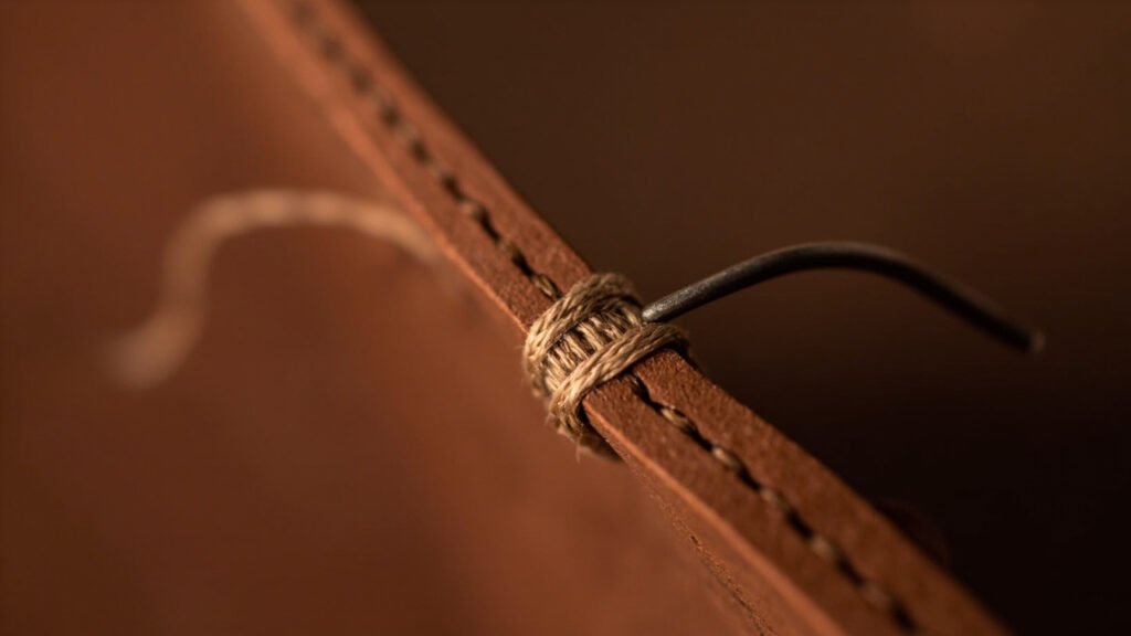 Gros plan d'un point sellier cousu main sur cuir.