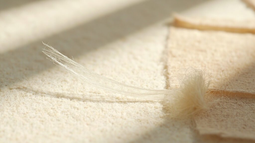 Gros plan d'une fibre de cachemire translucide sur lin.