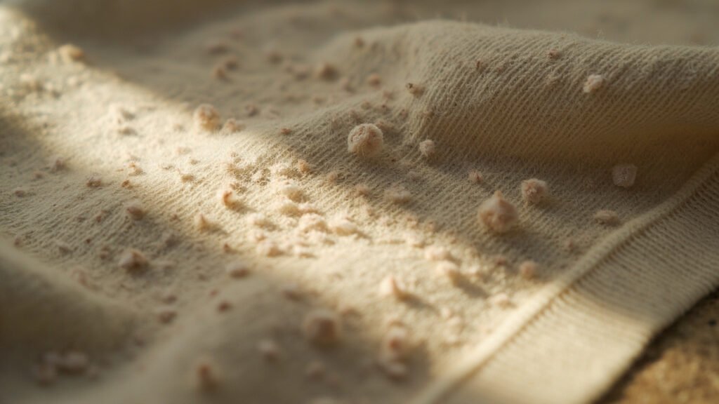 Gros plan sur bouloches d'un tricot cachemire usé