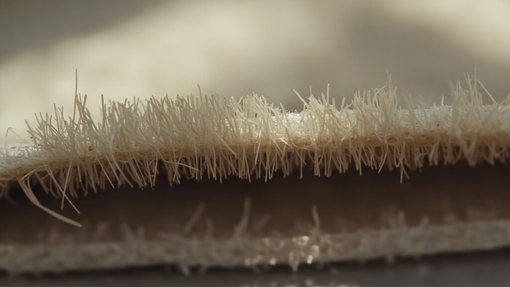 Gros plan sur la coupe du velours et ses fibres dressées.