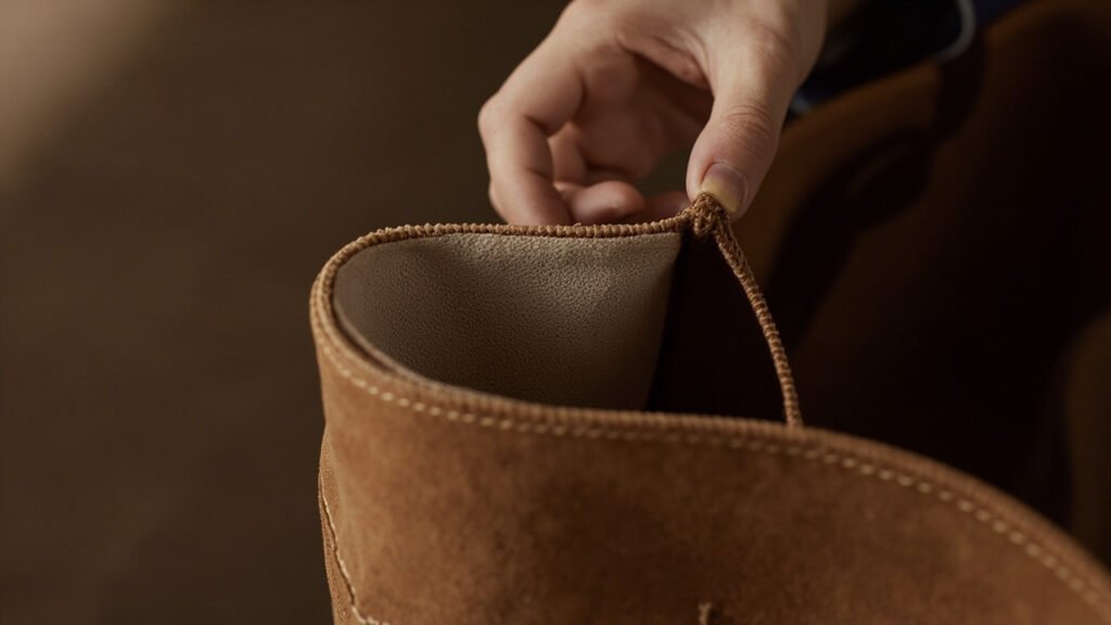 Gros plan sur la couture sellier et la tranche d'un cuir.